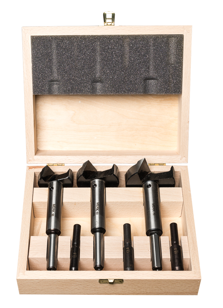 Senkersatz I 6-teiliger Bohrersatz im Holzkasten in Durchmessern 50, 60 und 70 mm und Länge 160 mm inkl. Führungsdorn in Durchmessern 11,5, 13,5 und 15,5 mm und Länge 80 mm