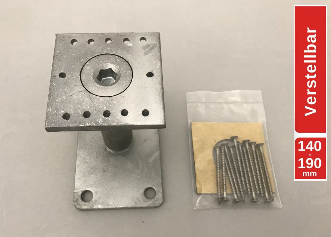 Stützenfuß/Pfostenträger PS 140-190 feuerverzinkt mit rechteckiger Grundplatte zum Aufdübeln und 50 mm höhenjustierend, Höhenverstellbar von 140-190 mm