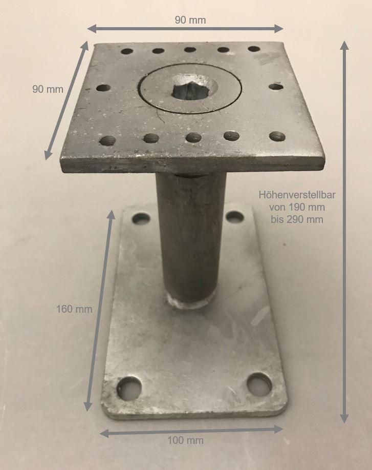 Stützenfuß/Pfostenträger PS 190-290 feuerverzinkt mit rechteckiger Grundplatte zum Aufdübeln und 100 mm höhenjustierend, Höhenverstellbar von 190-290 mm