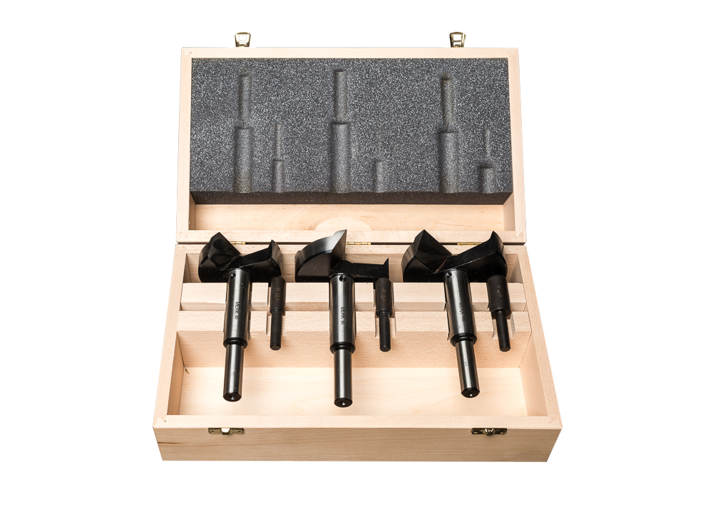 Senkersatz II 6-teiliger Bohrersatz im Holzkasten in Durchmessern 80, 90 und 100 mm und Länge 160 mm inkl. Führungsdorn in Durchmessern 13,5, 15,5 und 19,5 mm und Länge 80 mm