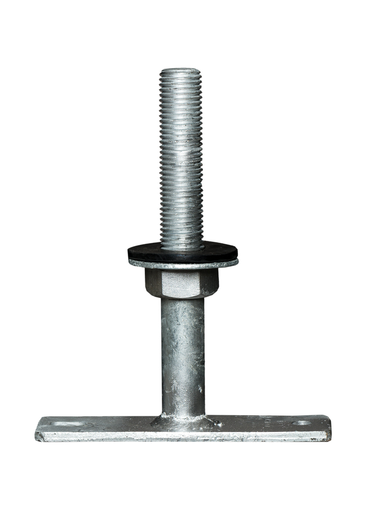 Stützenfuß MGA C 100 Stützenfuß MGA C 100 feuerverzinkt mit rechteckiger Grundplatte zum Aufdübeln und zum Eindrehen in 28 mm Durchmesser Bohrung mit Höhenverstellung über Druckplatte mit Verstellmutter