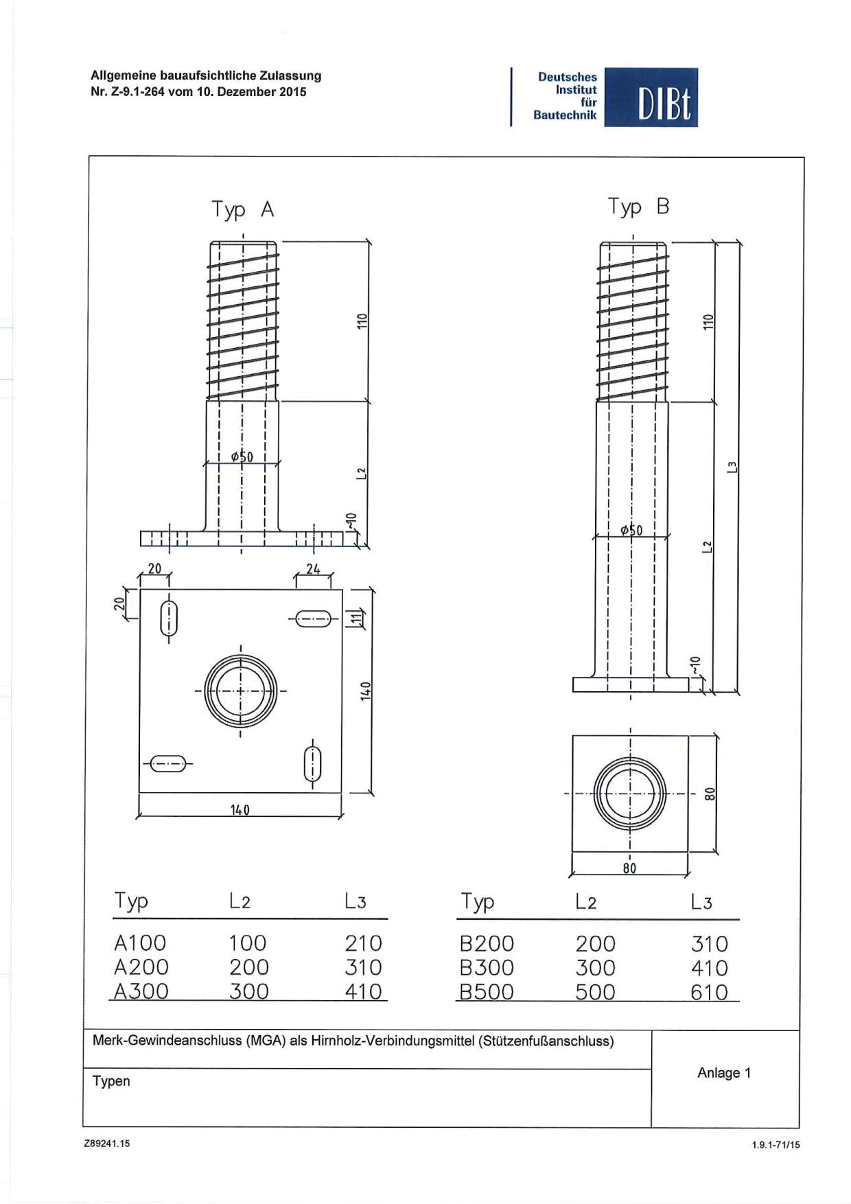 Stützenfuß MGA A-B_BA Technische Zeichnung mit Maßangaben von Stützenfuß MGA Typ A und B