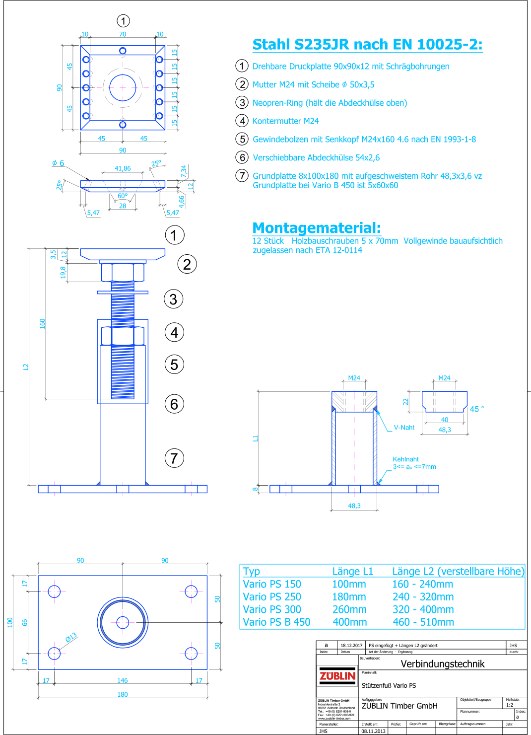 Stützenfuß Vario PS_TZ Technische Zeichnung mit Maßangaben von Stützenfuß Vario PS