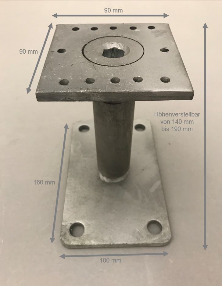 Stützenfuß/Pfostenträger PS 140-190 feuerverzinkt mit rechteckiger Grundplatte zum Aufdübeln und 50 mm höhenjustierend, Höhenverstellbar von 140-190 mm