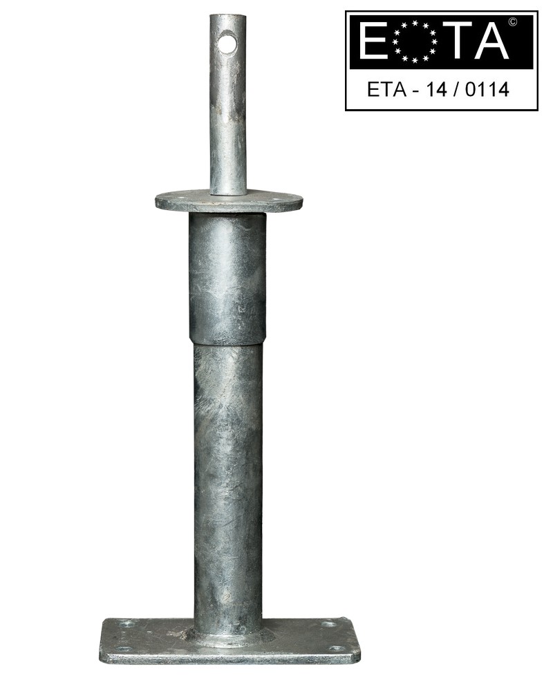 Stützenfuß Vario 300 Stützenfuß Vario 300 feuerverzinkt mit ETA-Zulassung und zum Eindrehen in 24 mm Durchmesser Bohrung und 50 mm höhenjustierend, Höhenverstellbar von 320-370 mm
