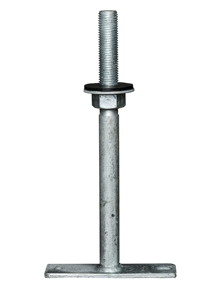 Stützenfuß MGA C 250 Stützenfuß MGA C 250 feuerverzinkt mit rechteckiger Grundplatte zum Aufdübeln und zum Eindrehen in 28 mm Durchmesser Bohrung mit Höhenverstellung über Druckplatte mit Verstellmutter