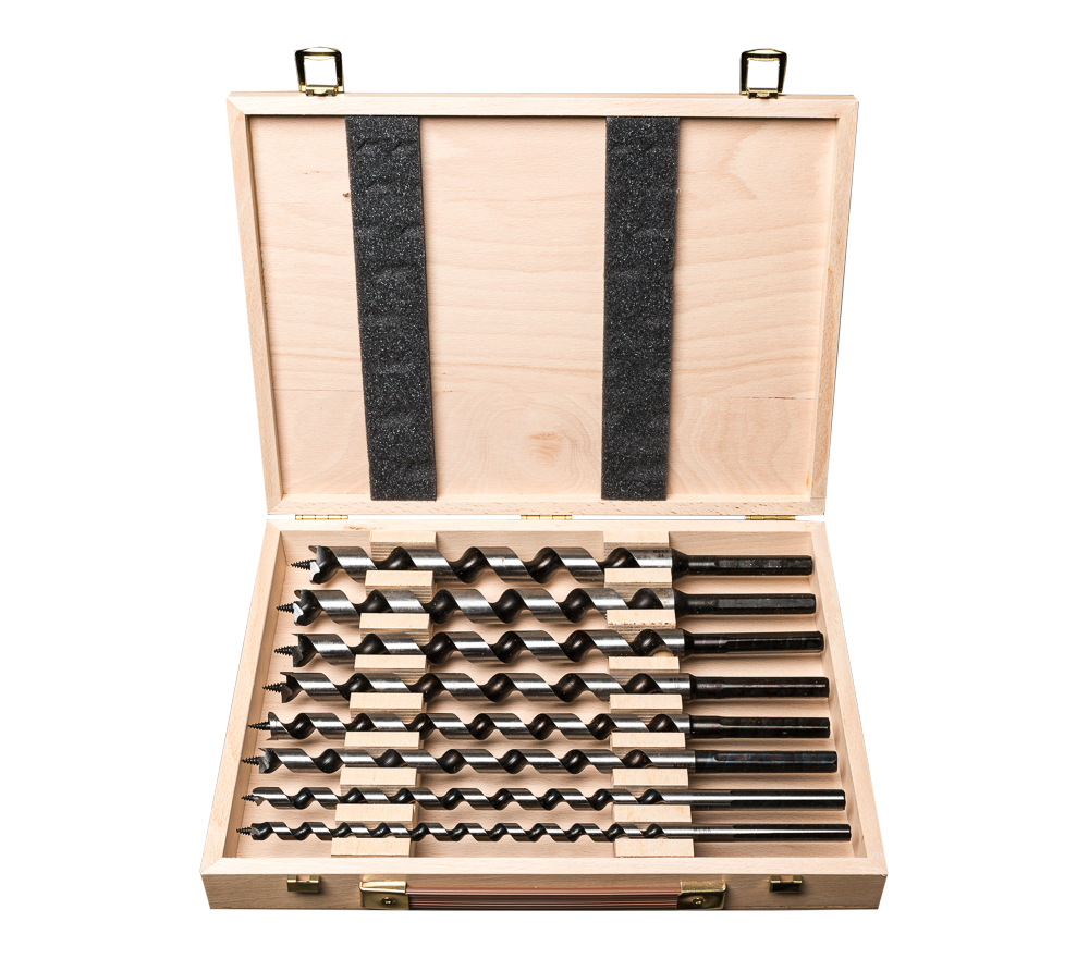 Schlangenbohrersatz 320 mm 8-teiliger Bohrersatz im Holzkasten in Durchmessern 10, 12, 14, 16, 18, 20, 22 und 24 mm und 320 mm Länge