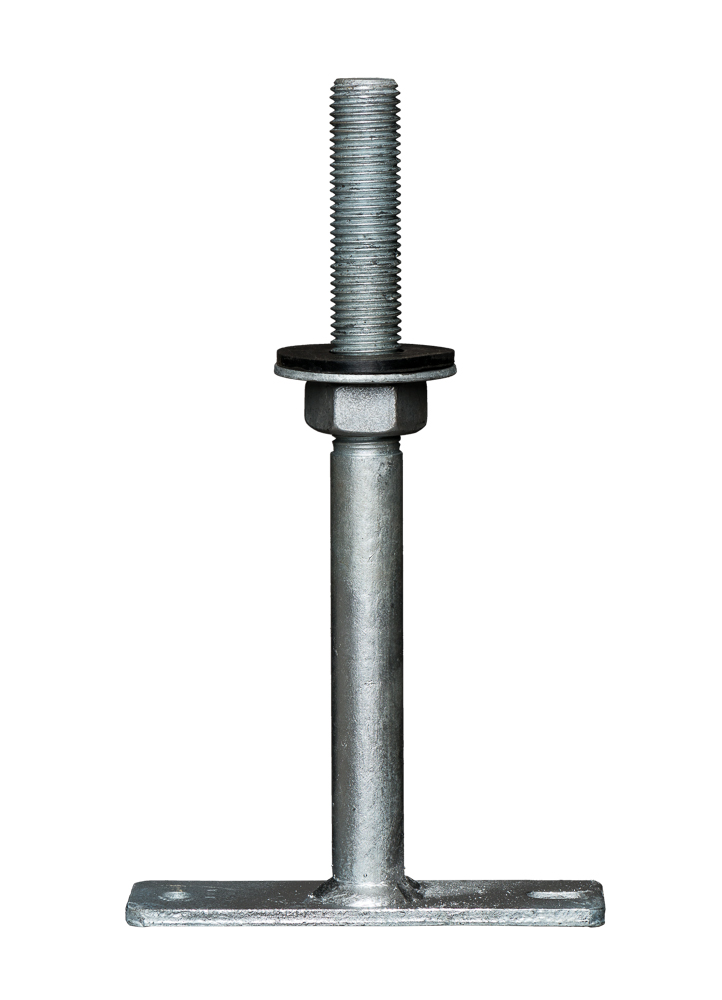 Stützenfuß MGA C 200 Stützenfuß MGA C 200 feuerverzinkt mit rechteckiger Grundplatte zum Aufdübeln und zum Eindrehen in 28 mm Durchmesser Bohrung mit Höhenverstellung über Druckplatte mit Verstellmutter