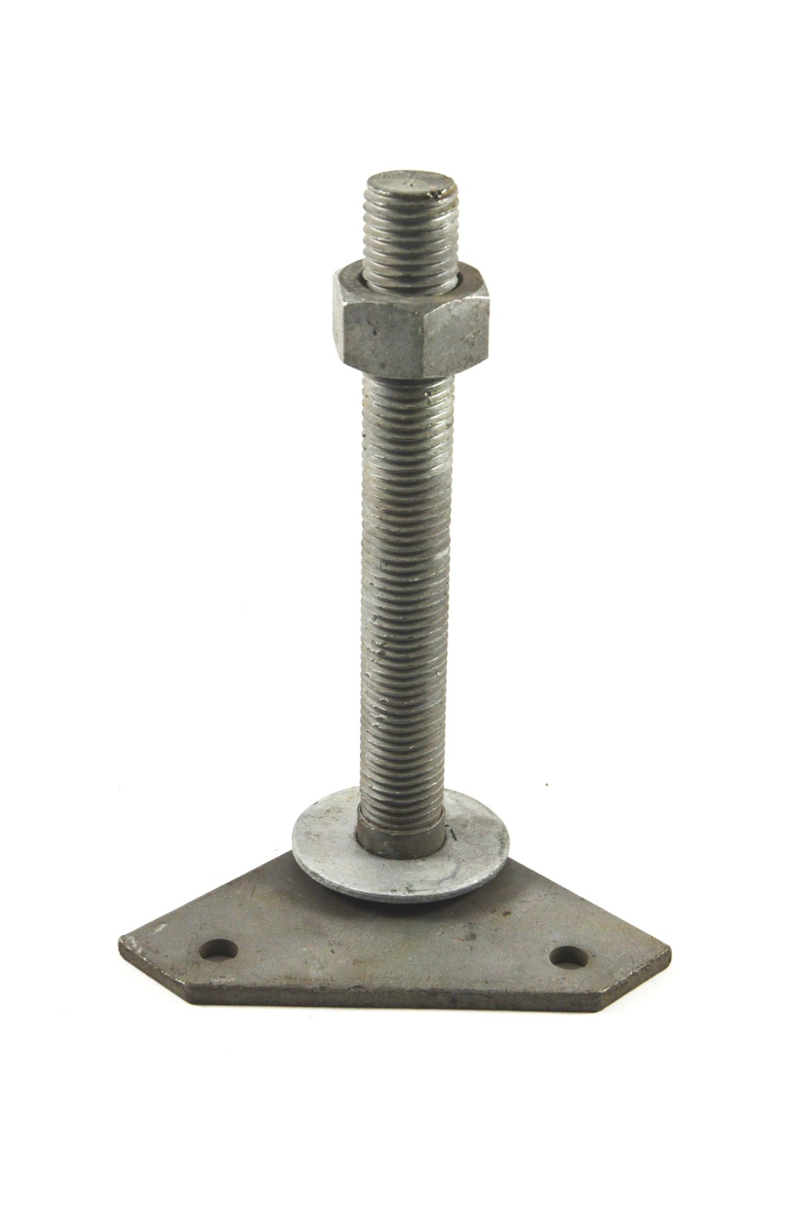 Stützenfuß MGA EG 100 Stützenfuß MGA EG 100 feuerverzinkt mit Winkelgrundplatte für Eckbereich zum Aufdübeln, durchgehendes Gewinde und zum Eindrehen in 28 mm Durchmesser Bohrung mit Höhenverstellung über Druckplatte mit Verstellmutter
