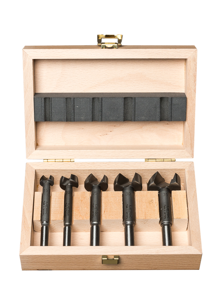Kunstbohrersatz 15-35 5-teiliger Bohrersatz im Holzkasten in den Durchmessern 15, 20, 25, 30 und 35 mm und 90 mm Länge und mit 2 Vorschneidern und Zentrierspitze