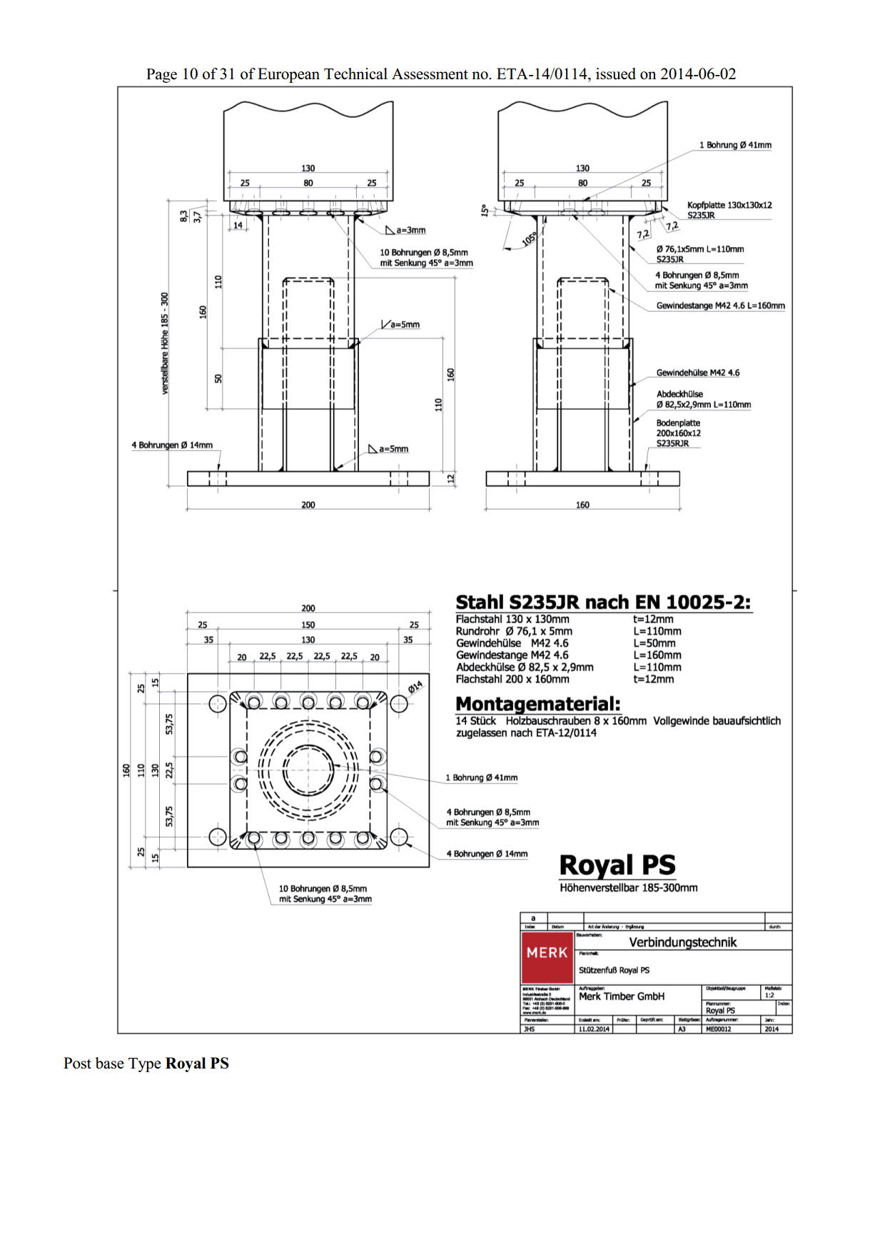 Technische Zeichnung mit Maßangaben von Stützenfuß/Pfostenträger Royal PS