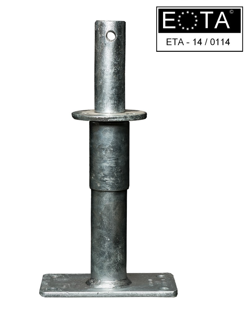 Stützenfuß Vario K1 250 Stützenfuß Vario K1 250 feuerverzinkt mit ETA-Zulassung und zum Eindrehen in 40 mm Durchmesser Bohrung und 50 mm höhenjustierend, Höhenverstellbar von 240-290 mm