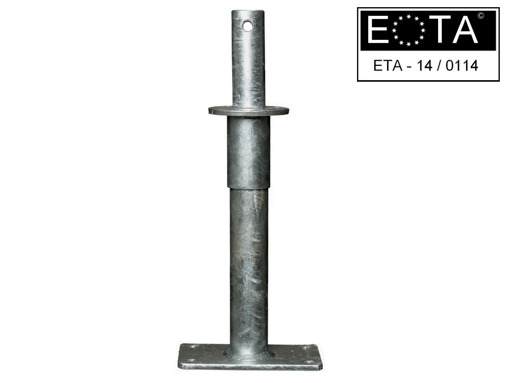 Stützenfuß Vario K1 300 Stützenfuß Vario K1 300 feuerverzinkt mit ETA-Zulassung und zum Eindrehen in 40 mm Durchmesser Bohrung und 50 mm höhenjustierend, Höhenverstellbar von 320-370 mm