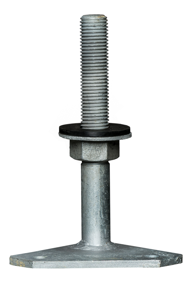 Stützenfuß MGA E 100 Stützenfuß MGA E 100 feuerverzinkt mit Winkelgrundplatte für Eckbereich zum Aufdübeln und zum Eindrehen in 28 mm Durchmesser Bohrung mit Höhenverstellung über Druckplatte mit Verstellmutter